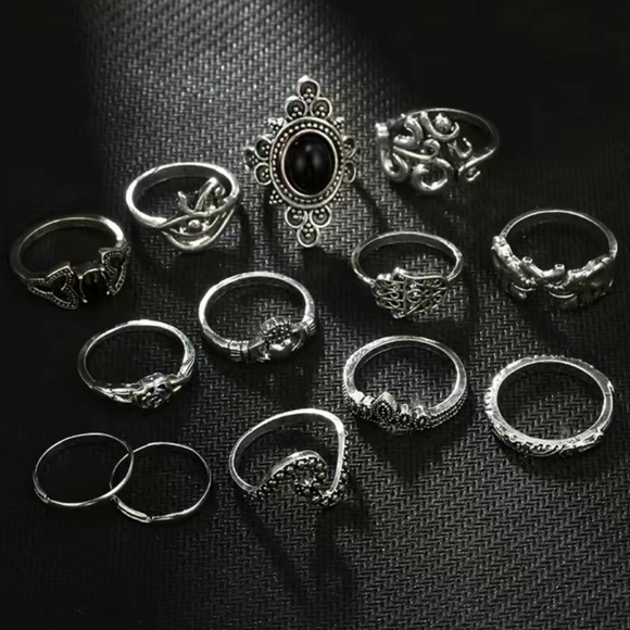 Boho Vintage Black Gemstone Geometric Ring Set 13pc - Picture 2 of 6
